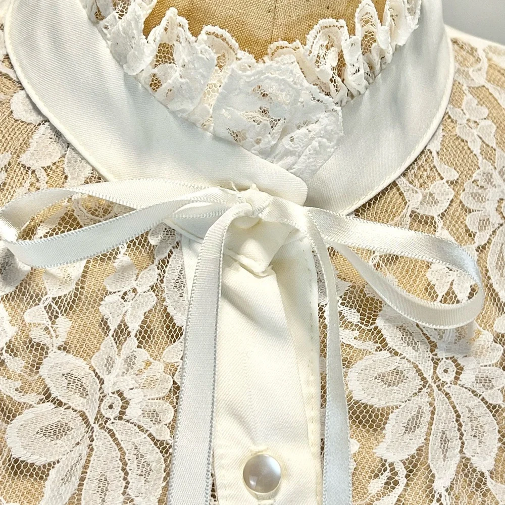 VINTAGE lace ruffle fancy blouse button down Victorian high neck ribbon bow 80s - Picture 6 of 14